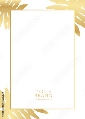 Tropical cover design set with palm branch and golden leaf on background. Holiday black and gold exotic pattern for vector business, sale, wedding card, luxury menu template, summer holiday poster.	