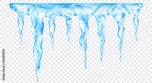 Group of translucent light blue realistic icicles of different lengths, connected at the top, isolated on transparent background. Transparency only in vector format