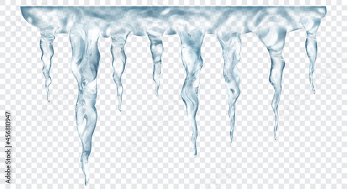 Group of translucent gray realistic icicles of different lengths, connected at the top, isolated on transparent background. Transparency only in vector format