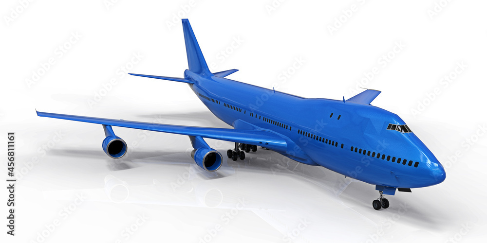 Large passenger aircraft of large capacity for long transatlantic flights. Blue airplane on white isolated background. 3d illustration.