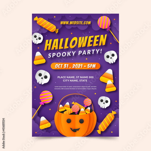 paper style halloween party vertical poster template vector design illustration