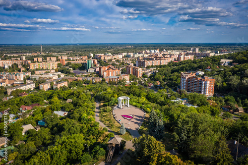 aerial view to White rotunda in Poltava city with cityscape