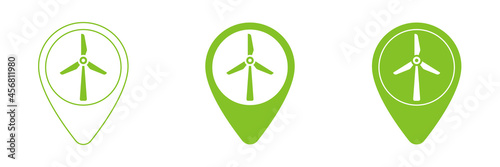 Location icon. Eco world. Energy saving symbol, sign depicting a wind power plant.