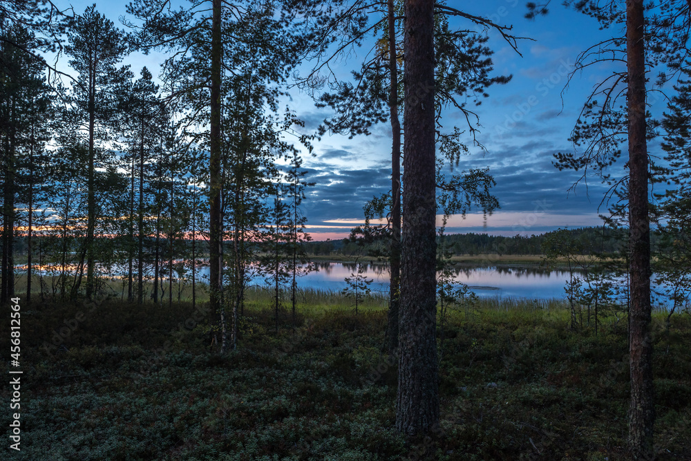 Evening over the lake. Dark blue sky. Night, forest, lake. Evening over the lake. Dark blue sky. Night, forest, lake.