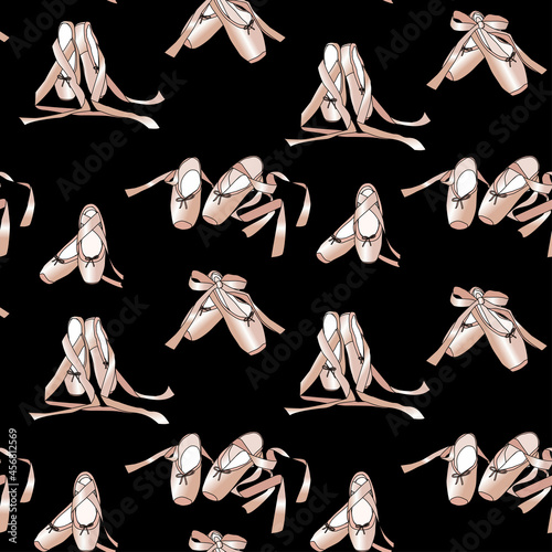vector seamless pattern with the image of ballet pointe shoes with ribbons