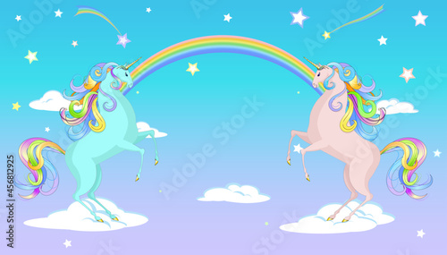 Two unicorns stand on their hind legs on the clouds against a background of rainbows and stars. Design for cards, greetings, invitations, etc.