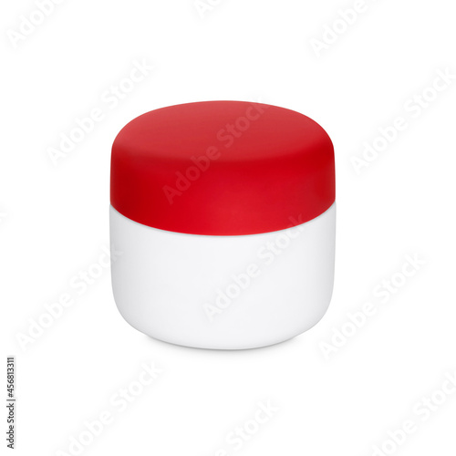 white plastic container with red cap isolated on the white background with shadow