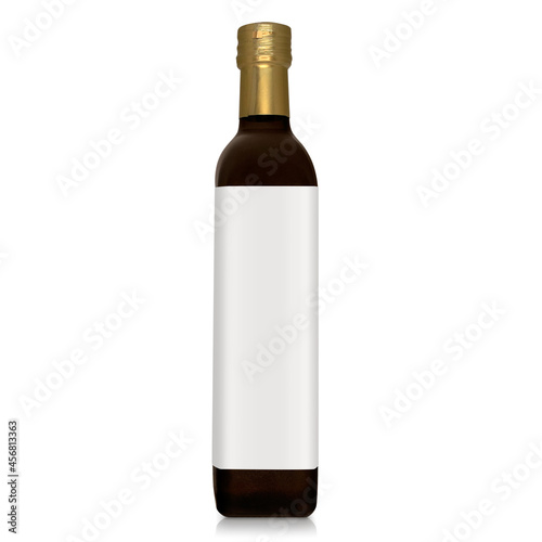 Glass dark bottle with label isolated on white background with shadow and reflection
