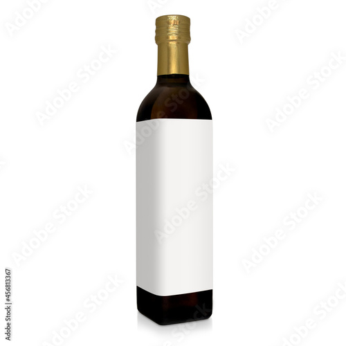 Glass dark bottle with label isolated on white background with shadow and reflection