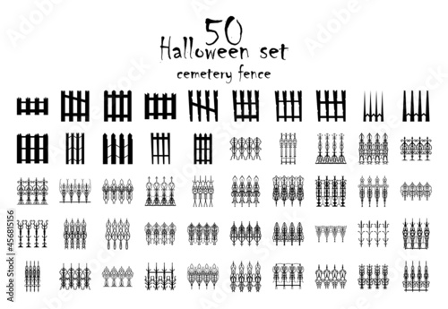 Spooky cemetery gate silhouette collection of Halloween vector isolated on white background. Scary, haunted and creepy fence element
