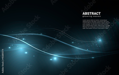 Blue glowing waves, abstract neon lines on a dark background. Abstract bright waves with glowing sparks and dots.