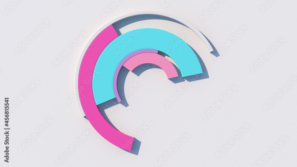 Colorful arcs morphing. White background. Abstract illustration, 3d render.