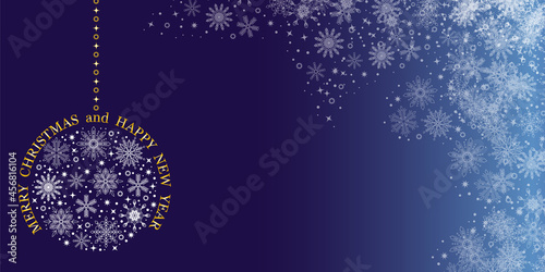 New Year's and Christmas. Abstract holiday background.Christmas ball and snowflakes on dark blue background. Template for postcards, posters, invitations, publications.