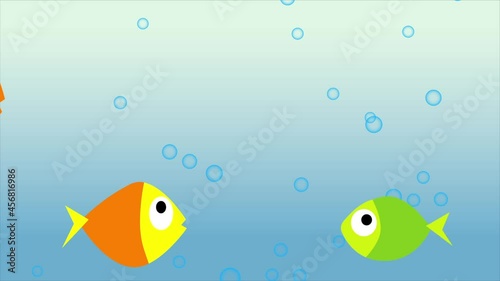Stylized colorful fish and bubbles on blue background swimming in opposite directions. Aquarium underwater life hd cartoon animation.
