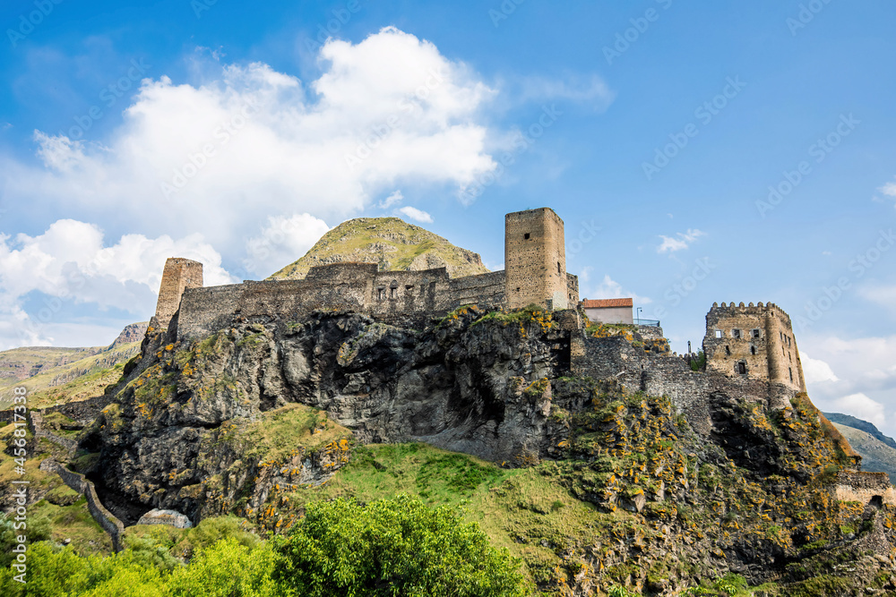 Scenic view of Khertvisi Fortress medieval stone building from the north