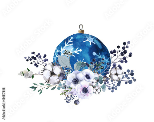 Watercolor New Years blue ball for Christmas tree. Watercolor sketch Watercolor Christmas New Year s decor
