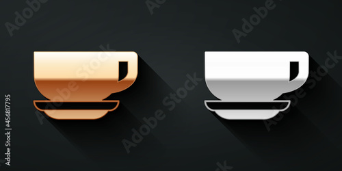 Gold and silver Coffee cup icon isolated on black background. Tea cup. Hot drink coffee. Long shadow style. Vector