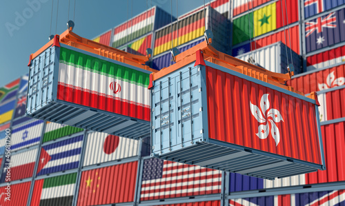 Freight containers with Iran and Hong Kong national flags. 3D Rendering 