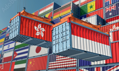 Freight containers with Indonesia and Hong Kong national flags. 3D Rendering 