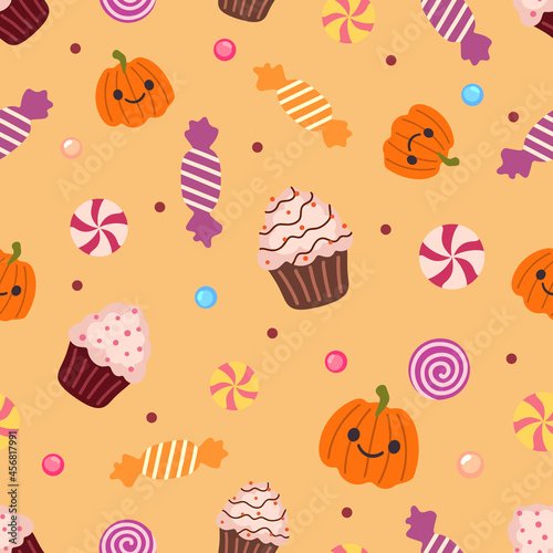 Fototapeta Naklejka Na Ścianę i Meble -  Friendly pumpkin, brown dots, cupcakes with glaze and sprinkling, chocalate and caramel candies on a beige background. Seamless doodle autumn pattern. Halloween. Suitable for packaging, gift paper.
