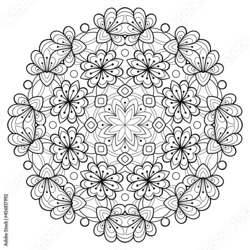Decorative round mandala with floral and henna patterns on a white isolated background. For coloring book pages.