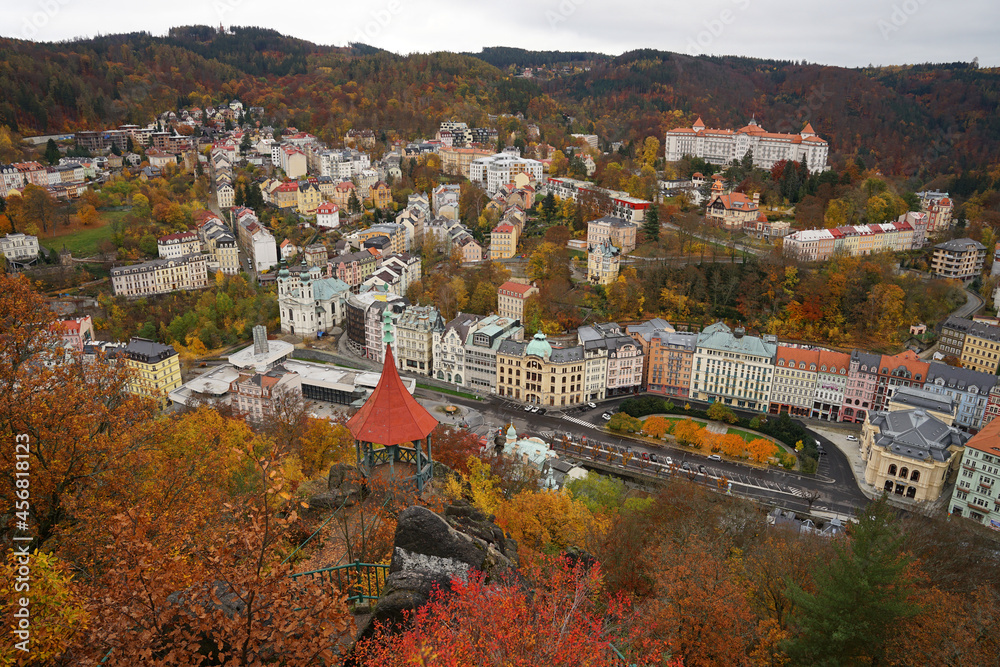 Famous spa town Karlovy Vary, autumn aerial panoramic view (Carlsbad)