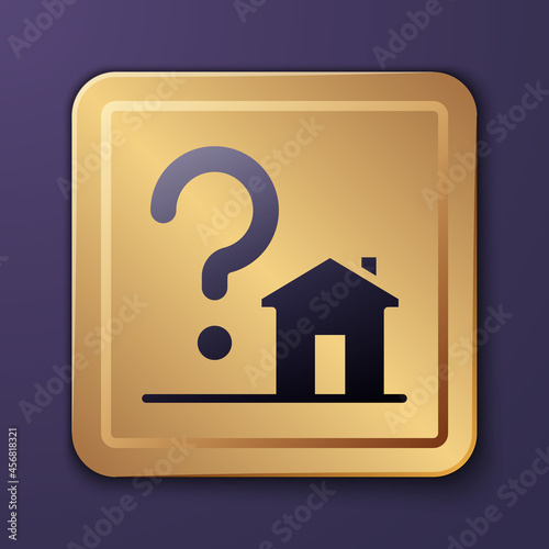 Purple House with question mark icon isolated on purple background. Housing problems, questions. Gold square button. Vector