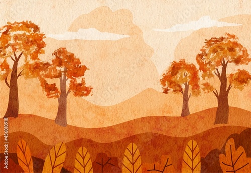 panoramic view of the village in autumn with hand painted watercolor landscapes background