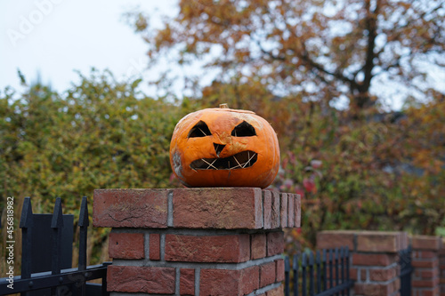 Halloween horror orange pumpkin as outdoor decoration idea on fence, autumn