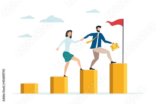 Employees giving hands and helping colleagues to walk upstairs. Team giving support, growing together. Vector illustration for teamwork, cooperation concept.