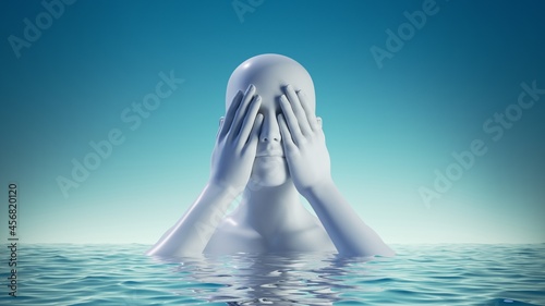 3d render, abstract blue background with white mannequin bust in the water. Woman head with eyes closed with hands. Blindness concept, ignorance metaphor