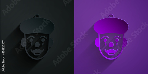Paper cut French mime icon isolated on black on purple background. Paper art style. Vector