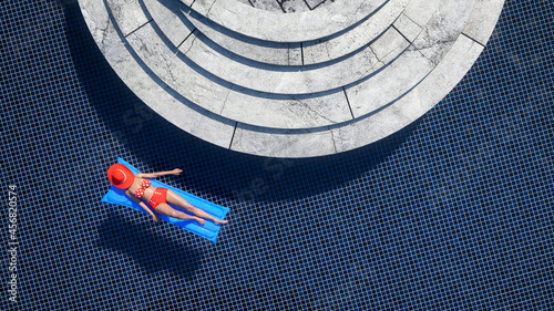 Canvas-taulu 3D rendering of a young caucasian woman wearing a retro bikini and floating on an inflatable sun lounger in a swimming pool viewed from above