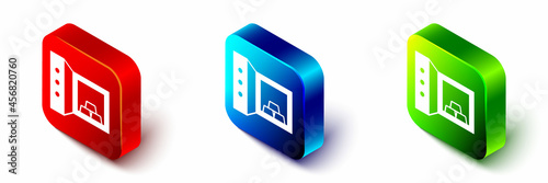 Isometric Safe with gold bars icon isolated on white background. Precious metals on deposit in bank. Metallic treasury. Reliable data protection. Red, blue and green square button. Vector