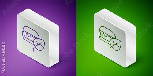 Isometric line Vegan food diet icon isolated Isometric line background. Organic, bio, eco symbol. Vegan, no meat, lactose free, healthy, fresh and nonviolent food. Silver square button. Vector
