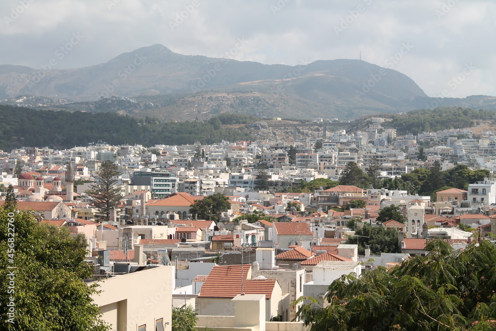 Beautiful view of the city and mountains in Greece, on the island of Crete