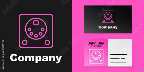 Pink line Drum machine icon isolated on black background. Musical equipment. Logo design template element. Vector