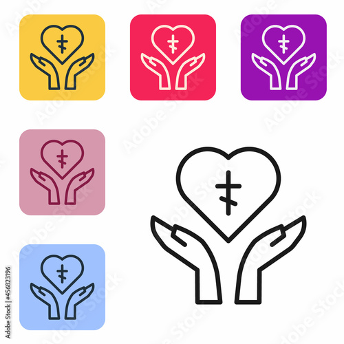 Black line Religious cross in the heart inside icon isolated on white background. Love of God, Catholic and Christian symbol. People pray. Set icons in color square buttons. Vector