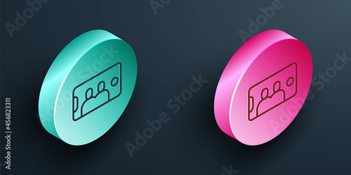 Isometric line Selfie on mobile phone icon isolated on black background. Romantic self portrait, young friends taking selfie photo at smartphone. Turquoise and pink circle button. Vector