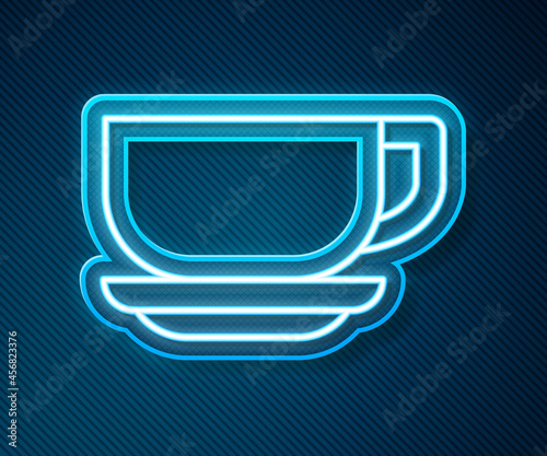 Glowing neon line Coffee cup icon isolated on blue background. Tea cup. Hot drink coffee. Vector