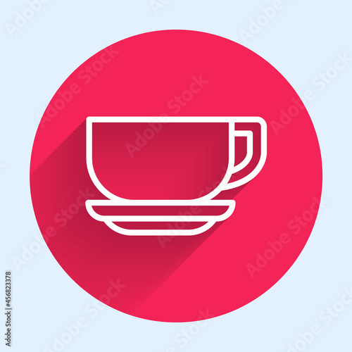 White line Coffee cup icon isolated with long shadow background. Tea cup. Hot drink coffee. Red circle button. Vector