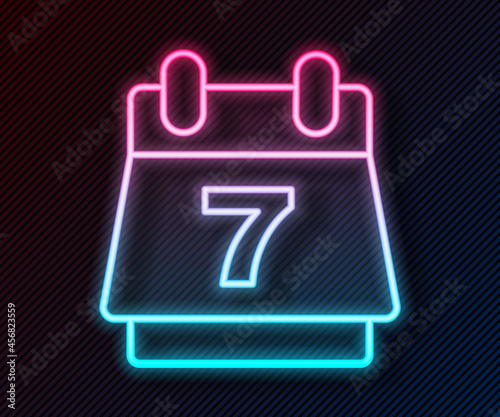 Glowing neon line Hotel booking calendar icon isolated on black background. Vector
