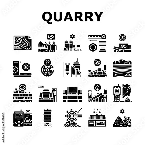 Quarry Mining Industrial Process Icons Set Vector. Quarry Mining Equipment And Machine Technology, Industry Iron And Coal Processing Glyph Pictograms Black Illustrations