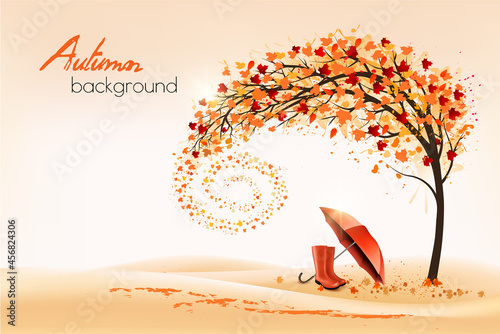 Hello a gold autumn. Autumn landscape with colorful leaves on the tree and umbrella with rain boots in a park on a background. Vector