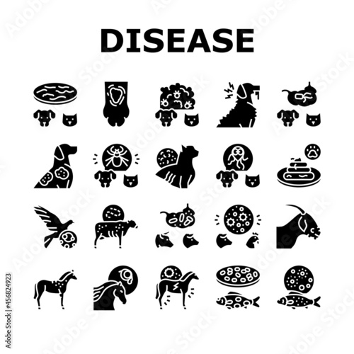 Pet Disease Ill Health Problem Icons Set Vector. Salmonellosis And Tapeworm, Psittacosis And Sarcoptic Mange, Leptospirosis And Streptococcues Pet Disease Glyph Pictograms Black Illustrations