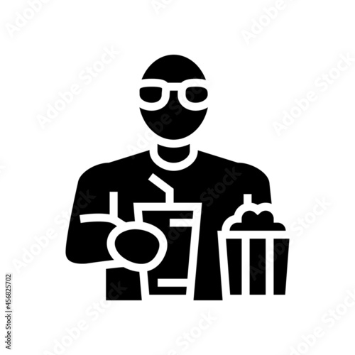 spectator watching movie and eating popcorn in cinema glyph icon vector. spectator watching movie and eating popcorn in cinema sign. isolated contour symbol black illustration