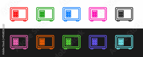 Set line Safe icon isolated on black and white background. The door safe a bank vault with a combination lock. Reliable Data Protection. Vector