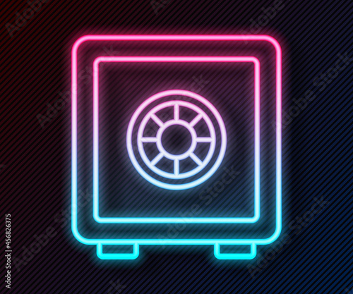 Glowing neon line Safe icon isolated on black background. The door safe a bank vault with a combination lock. Reliable Data Protection. Vector