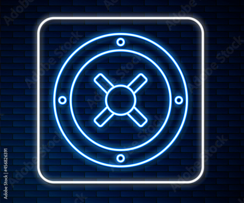 Glowing neon line Safe icon isolated on brick wall background. The door safe a bank vault with a combination lock. Reliable Data Protection. Vector