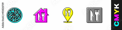 Set Pizza, Online ordering and delivery, Cafe restaurant location and icon. Vector